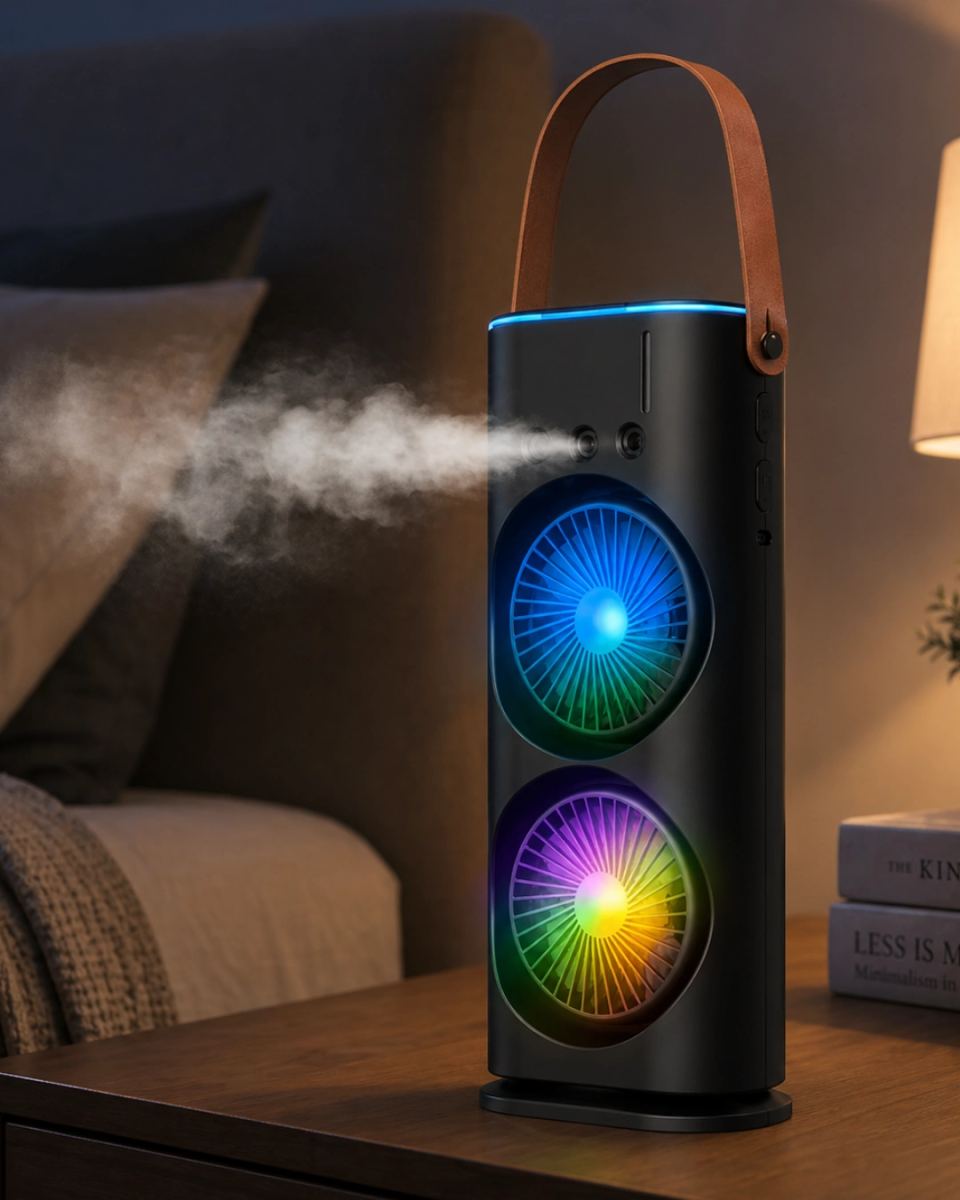 Usb Şarjlı Çift Başlıklı Buharlı Masaüstü Fan Sessiz Serinletici Işıklı Fan