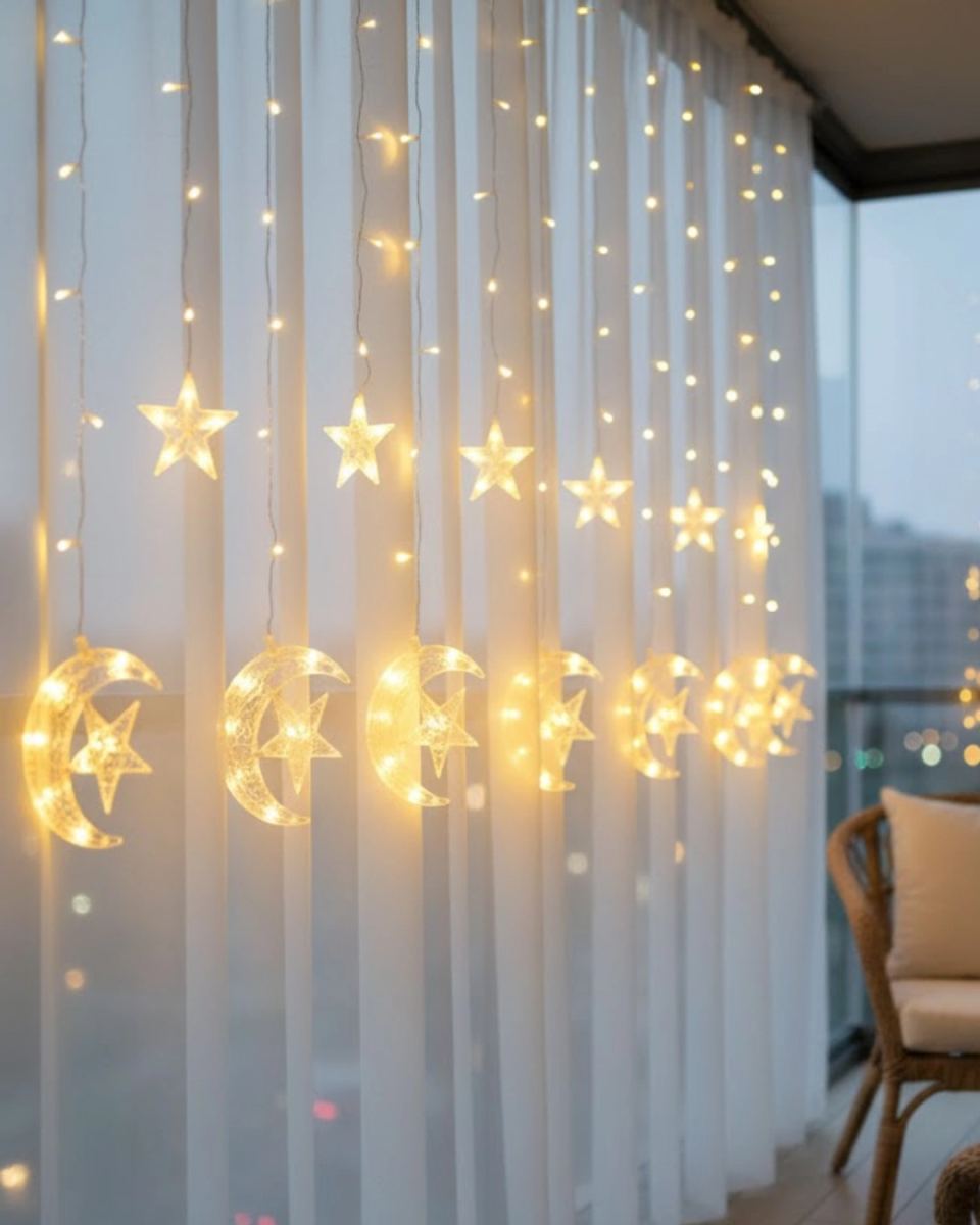 Hilal Yıldız Led Perde Işık Balkon Pencere Ve Oda Dekorasyonu