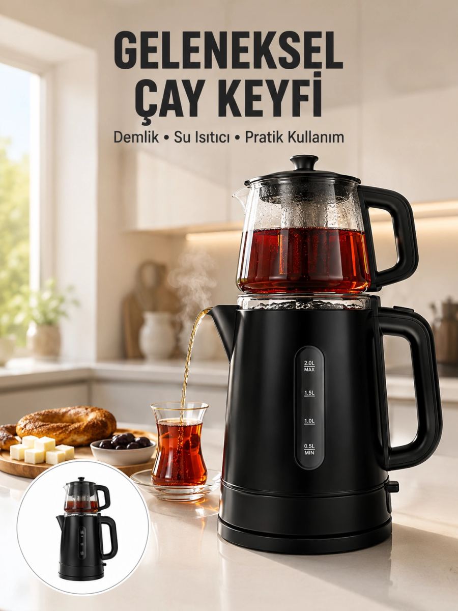 0,9 L Cam Demlik Ve 1,7 L Su Haznesi İle Çay Keyfi Yeni Nesil
