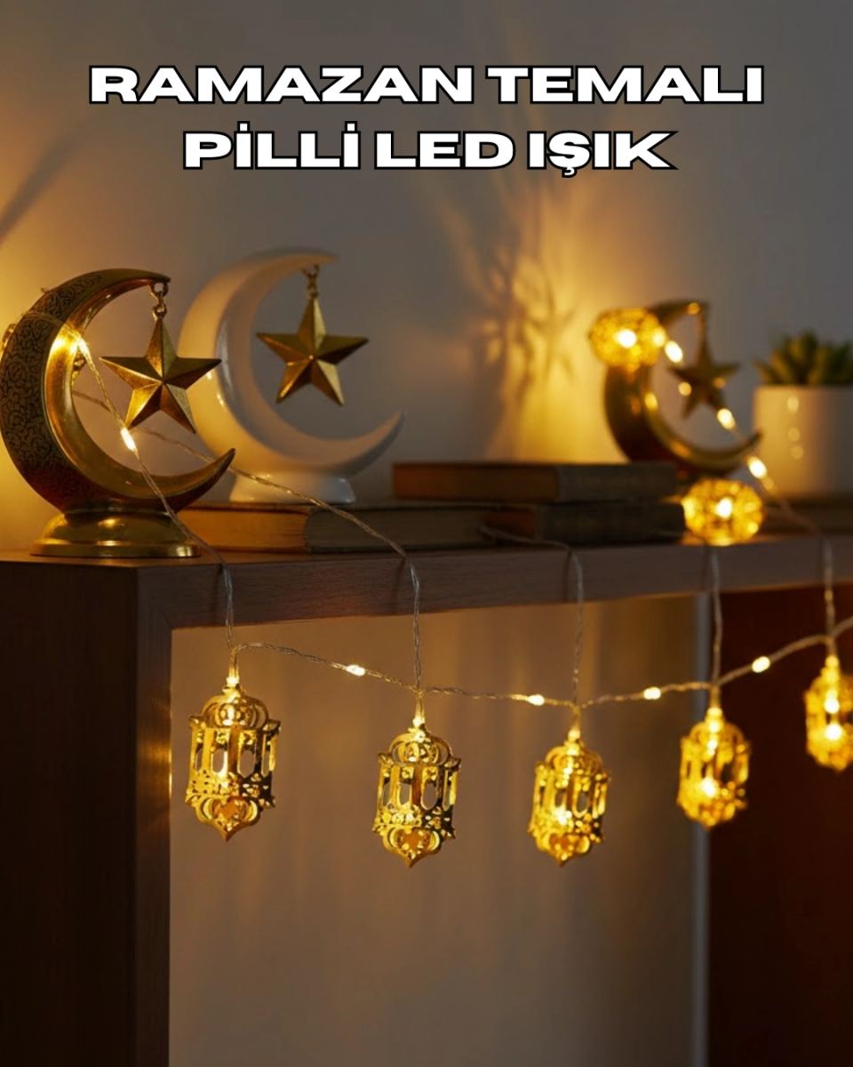 Ramazan Dekoru İçin Pilli Led Işık Altın Fener Tasarımlı