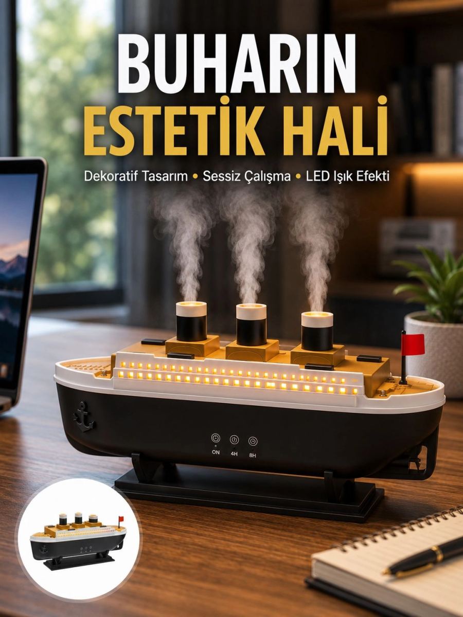 Dekoratif Gemi Modeli 7 Renk Işıklı Hava Nemlendirici Ve Oda Kokusu Difüzörü Yeni Nesil