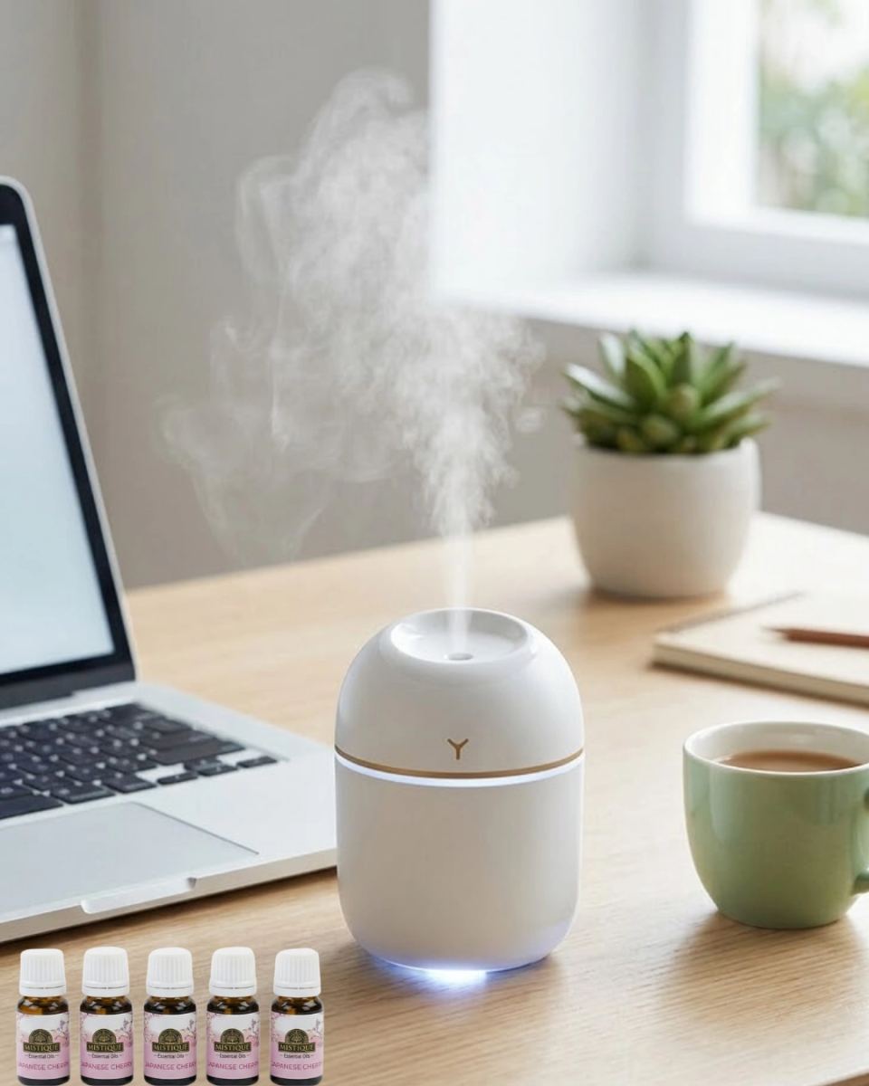 Mini Hava Nemlendirici Usb Bağlantılı Led Işıklı 5 Esans Hediyeli Aromaterapi Difüzörü