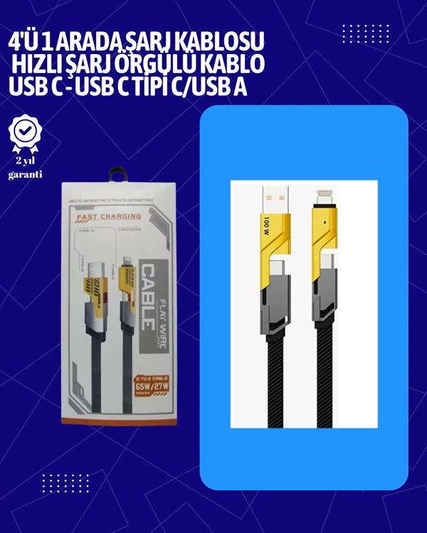 Usb-c Ve Lightning Uyumlu 4'ü 1 Arada Kablo – 65w Hızlı Şarj, Örgülü Dayanıklı Yapı
