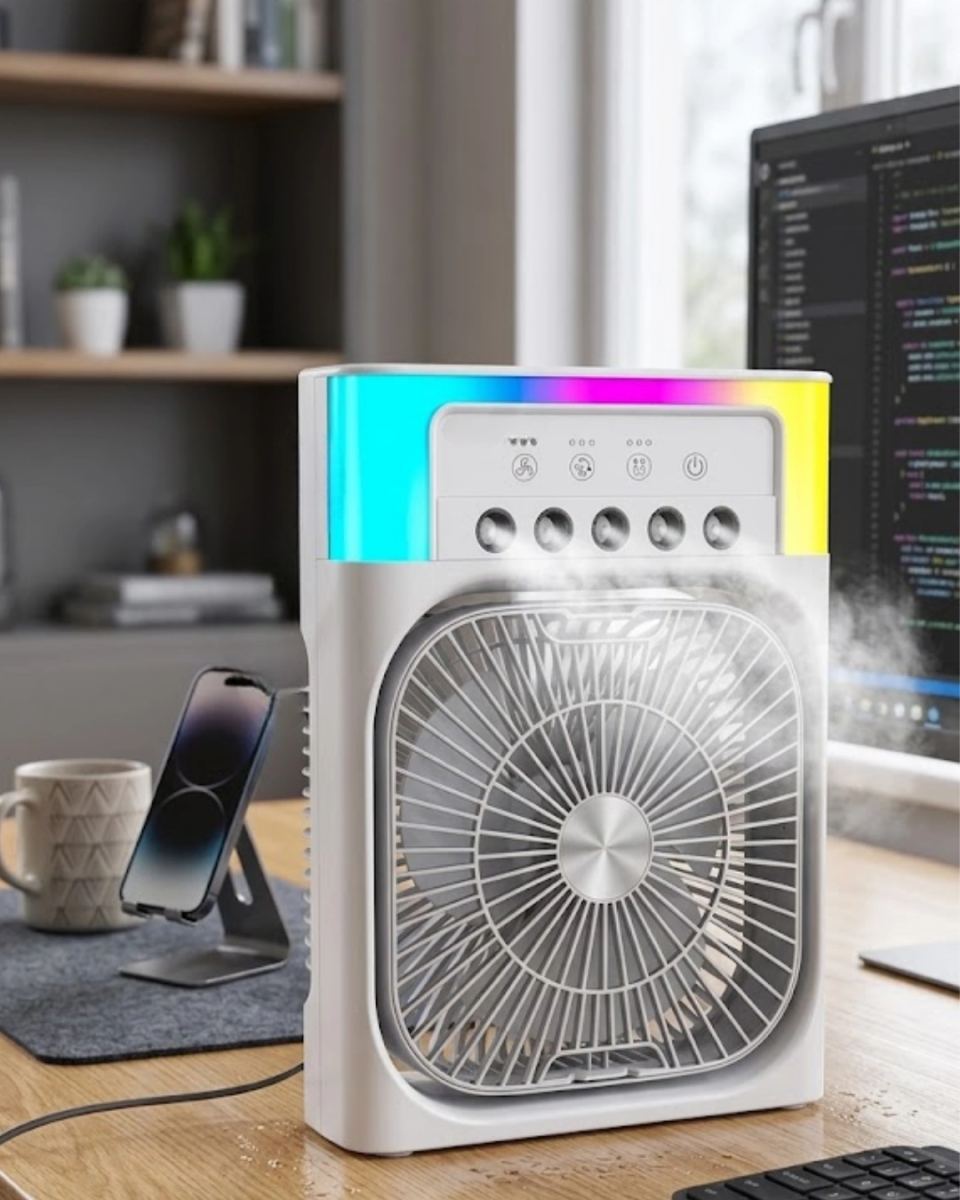 Su Püskürtmeli Mini Klima Fan Usb Şarjlı Masaüstü Soğutucu Rgb Işıklı