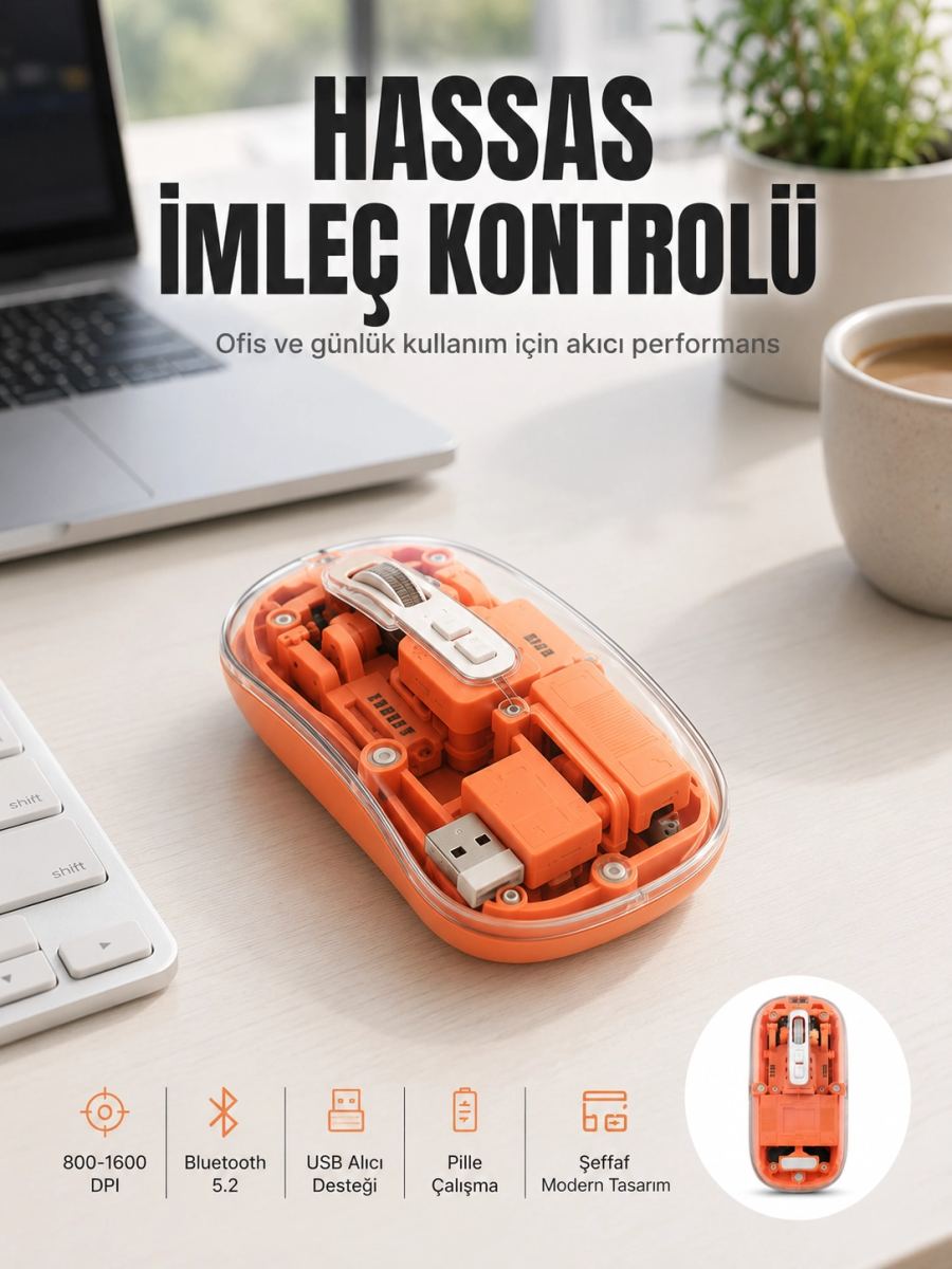 Bluetooth Ve Usb Destekli Kablosuz Şeffaf Mouse Sessiz Kullanım Yeni Nesil