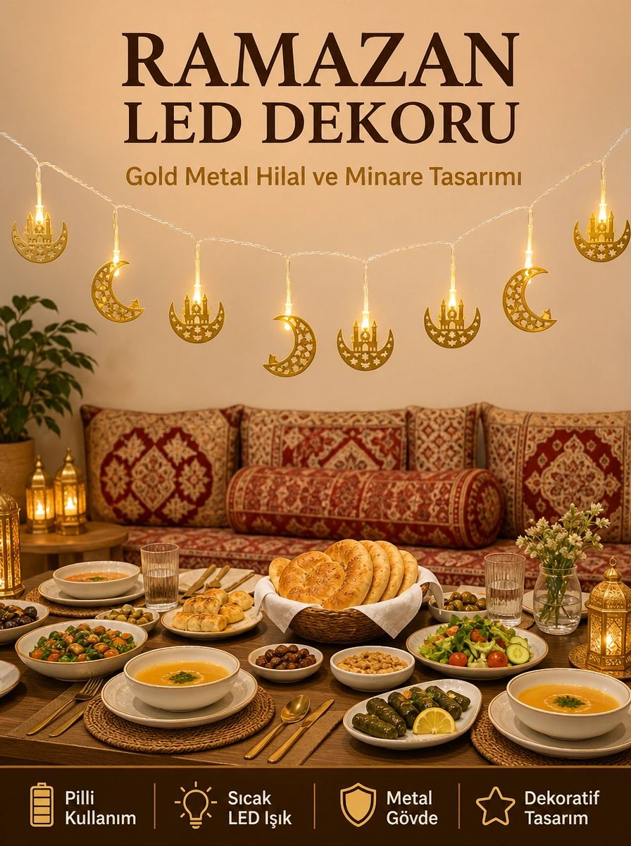 Minareli Hilal Led Işık Gold Metal Gövdeli Pilli Ramazan Dekoru