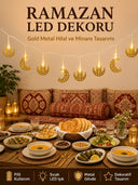 Minareli Hilal Led Işık Gold Metal Gövdeli Pilli Ramazan Dekoru - 1