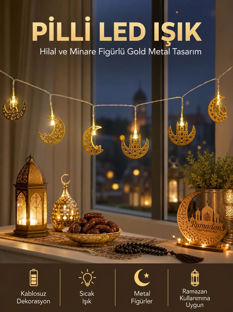Pilli Minareli Hilal Led Işık Gold Metal Ramazan Dekorasyonu