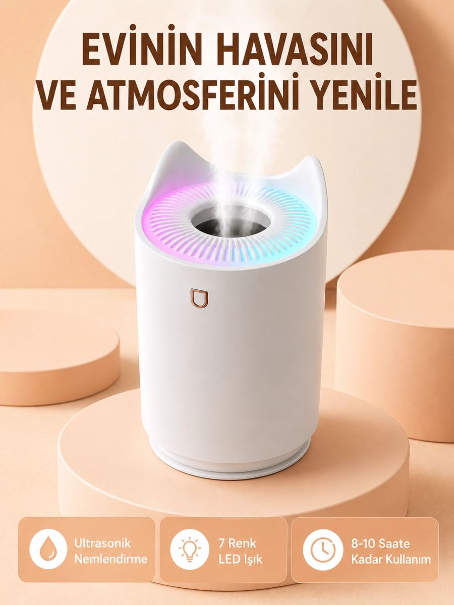 Hava Nemlendirici Buhar Makinesi Aromaterapi Led Işıklı Oda Nemlendirici
