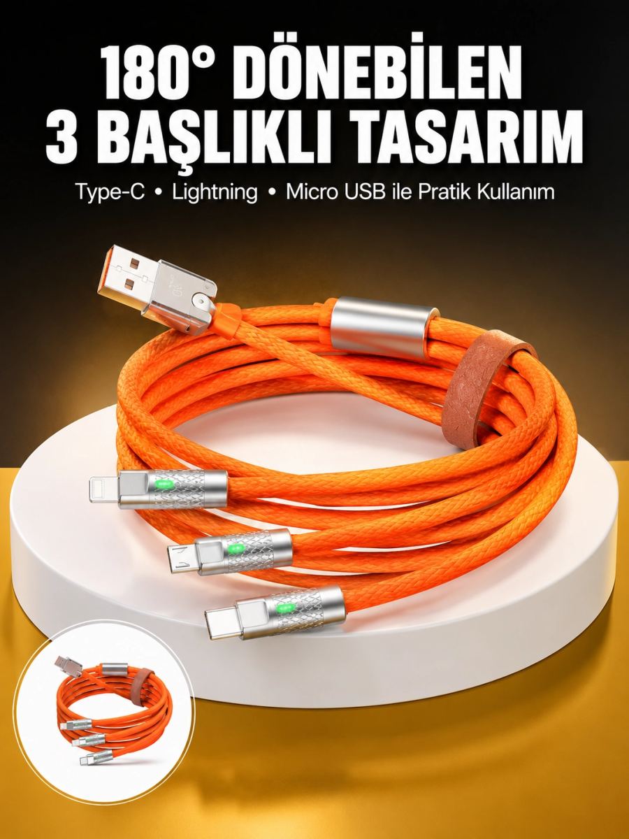 120w 3 İn 1 Uyumlu Silikon Şarj Kablosu Hızlı Şarj Kablosu