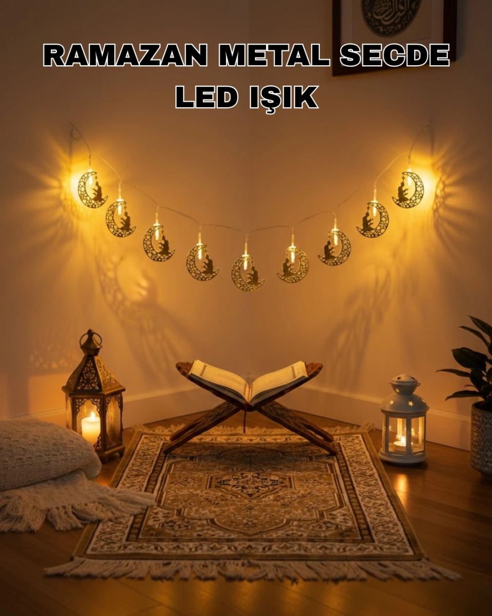 Ay Ve Secde Tasarımlı Sıcak Beyaz Led Ramazan Işığı