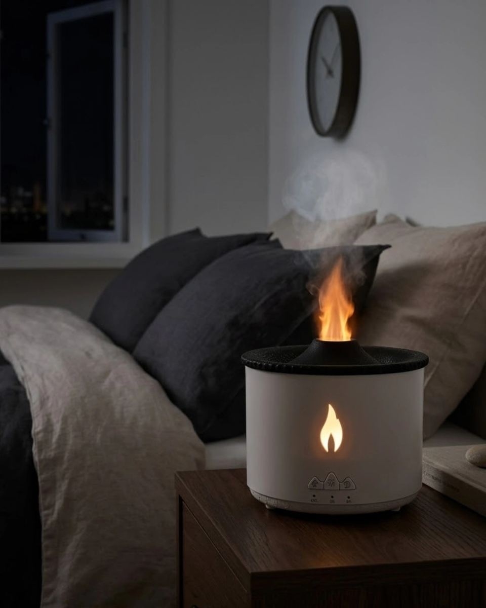 Alev Ve Volkan Efektli Ultrasonik Aroma Difüzörü Led Gece Lambalı Hava Nemlendirici