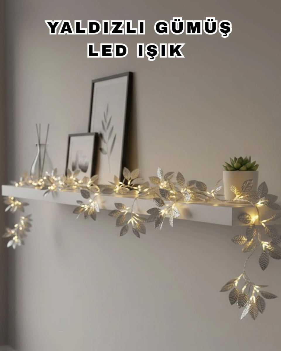 Yaldızlı Gümüş Yaprak Led Işık Pilli Dekoratif Ortam Ve Yılbaşı Aydınlatması