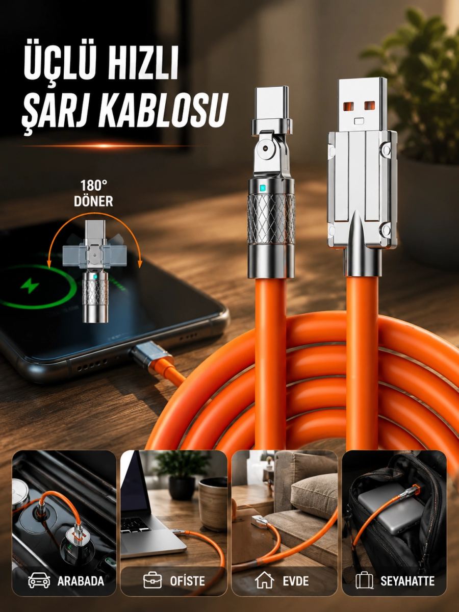 3 İn 1 Süper Hızlı Şarj Kablosu Android Ve İos Uyumlu Silikon Şarj Kablosu