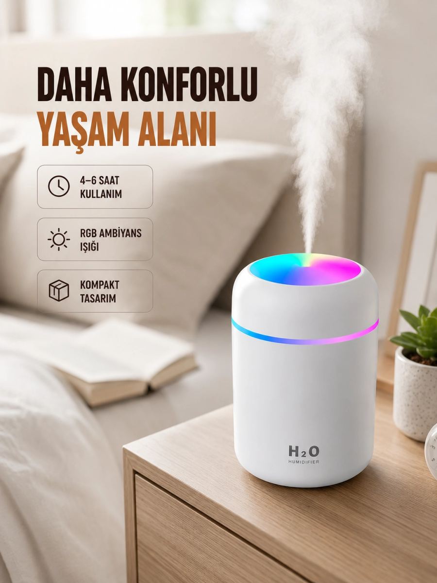 Usb Girişli Taşınabilir Mini Nemlendirici 300ml Su Hazneli