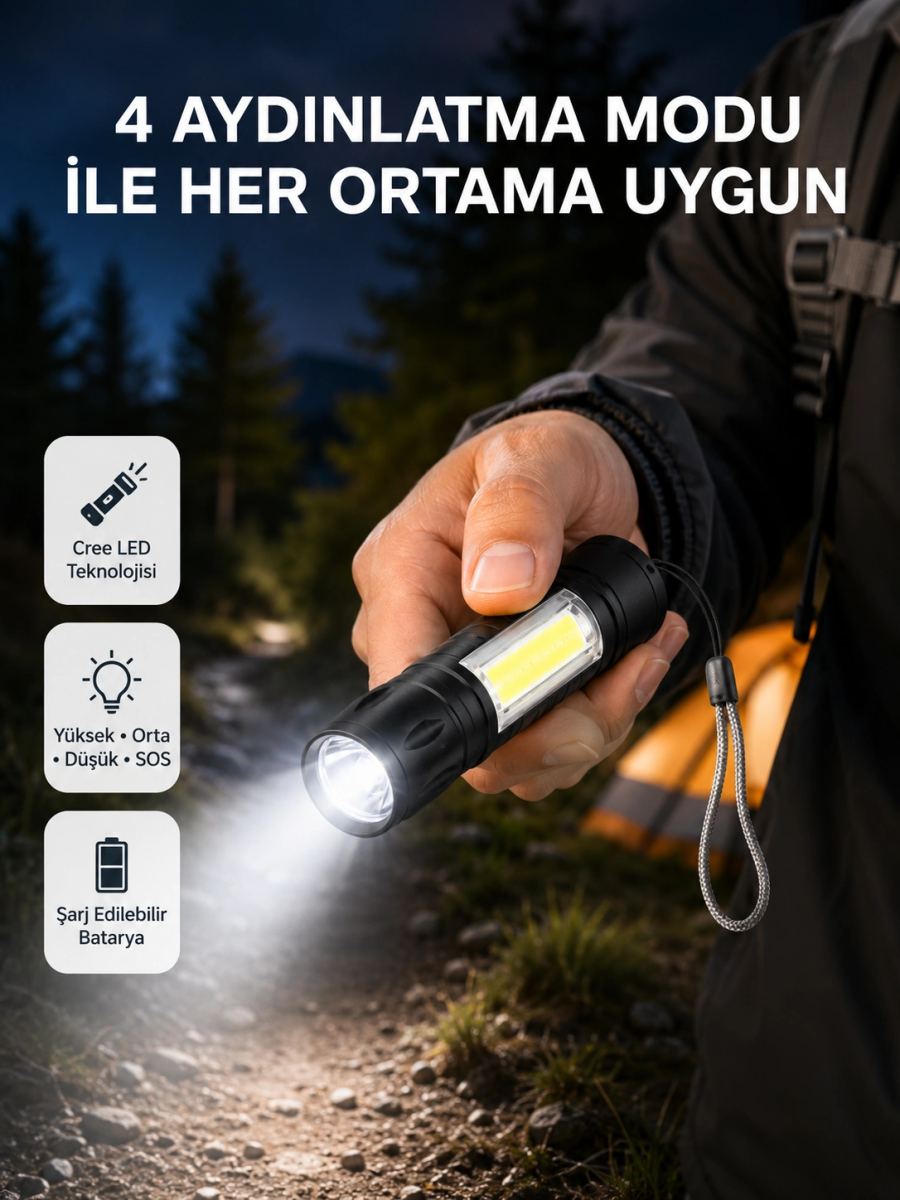 Ultra Dayanıklı 4 Mod Şarjlı Işıldak | Suya Ve Darbeye Dayanıklı | 100.000 Saat Led Ömrü