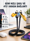 Usb-c Usb-a 4’ü 1 Arada Örgülü Kablo 65w Hızlı Şarj Metal Uç Dayanıklı - 1