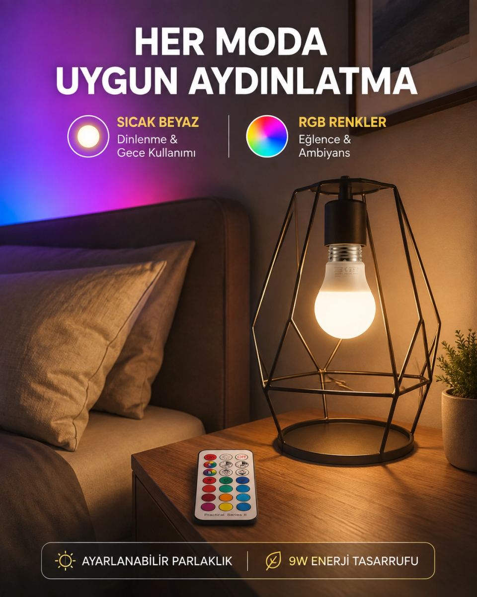 Kumanda Destekli Çok Renkli Akıllı Led Ampul Yeni Nesil