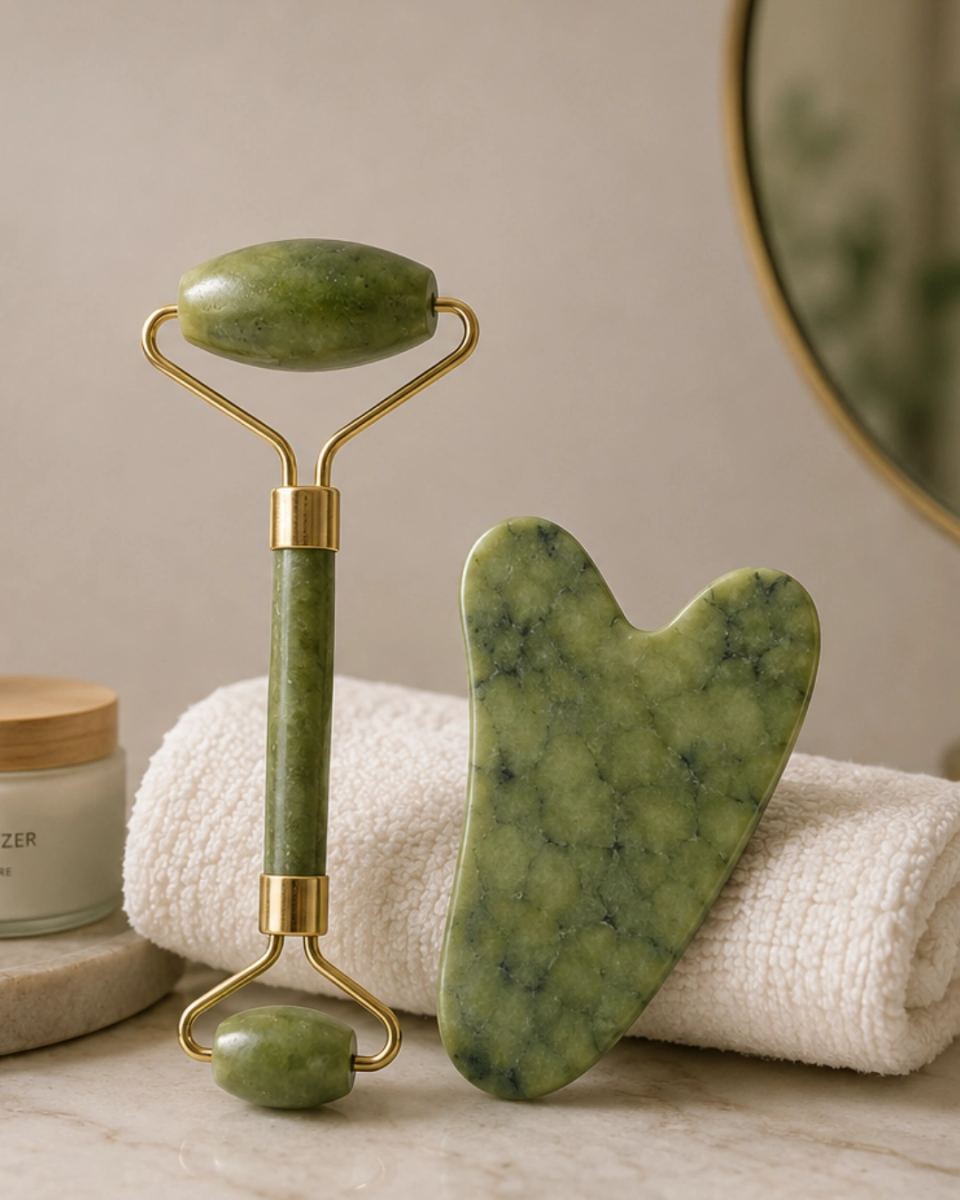 Jade Roller Ve Gua Sha Taşı Yüz Bakım Masaj Seti
