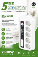 5’li Akım Korumalı Priz 2500w | 2 Usb + 2 Type-c Hızlı Şarj | Led Gece Lambalı | Dokunmatik Beyaz - 1