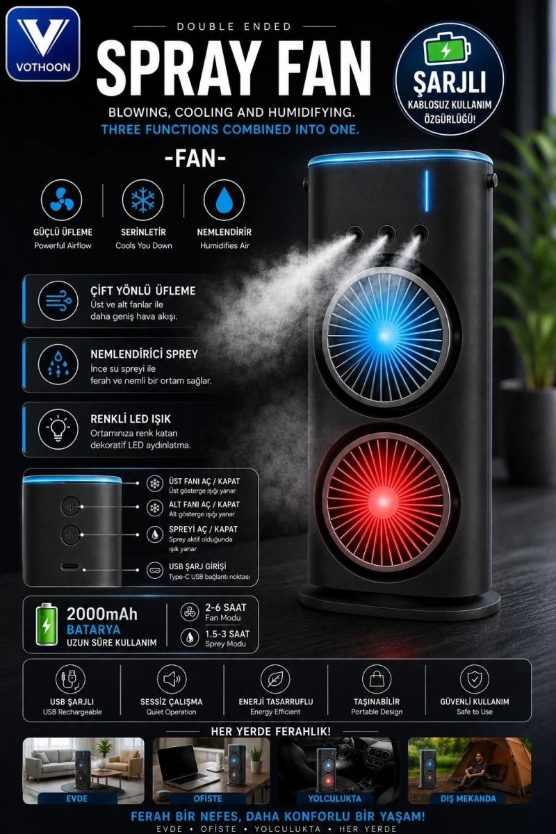 Vothoon Çift Başlıklı Sprey Fan Nemlendirici Ve Renkli Led Işıklı Siyah