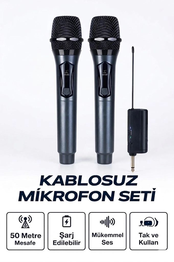 Profesyonel Çiftli Kablosuz Mikrofon Seti Karaoke Şarj Edilebilir 50 Metre