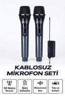 Profesyonel Çiftli Kablosuz Mikrofon Seti Karaoke Şarj Edilebilir 50 Metre - 1