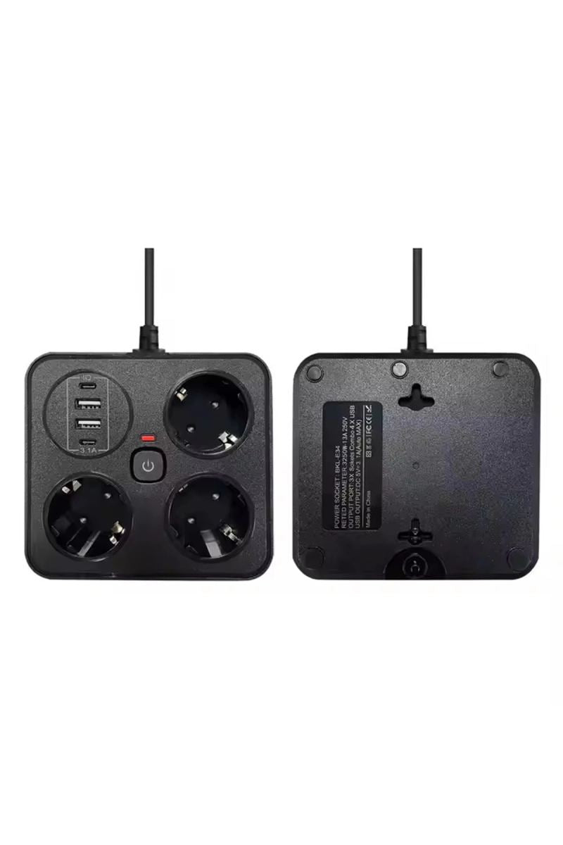 Akım Korumalı Anahtarlı Priz - 3x Priz - 2x Usb - 2x Type-c - 2 Mt Kablo Hızlı Şarj Özellikli Siyah
