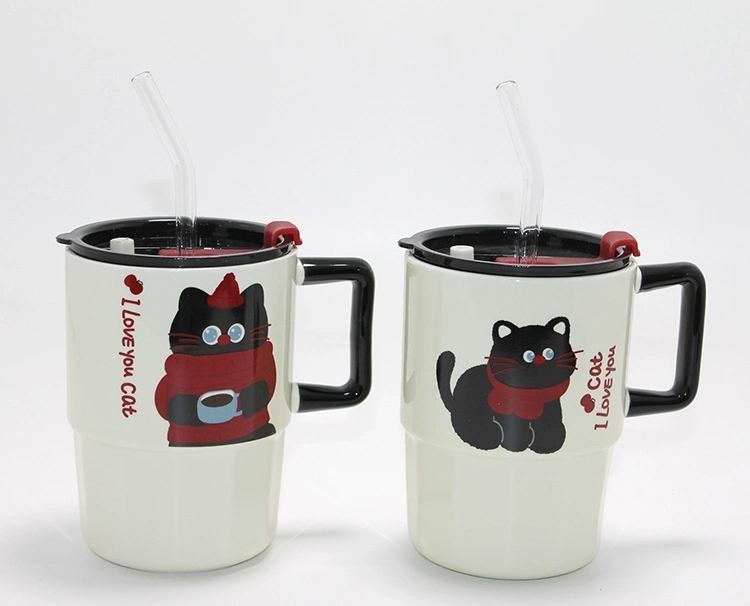 Sevimli Şaşkın Kedi Figürlü Pipetli Kapaklı Porselen Kupa Bardak Alk5042