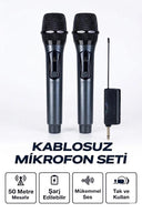 Profesyonel Çiftli Kablosuz Mikrofon Seti Karaoke Şarj Edilebilir 50 Metre - 1