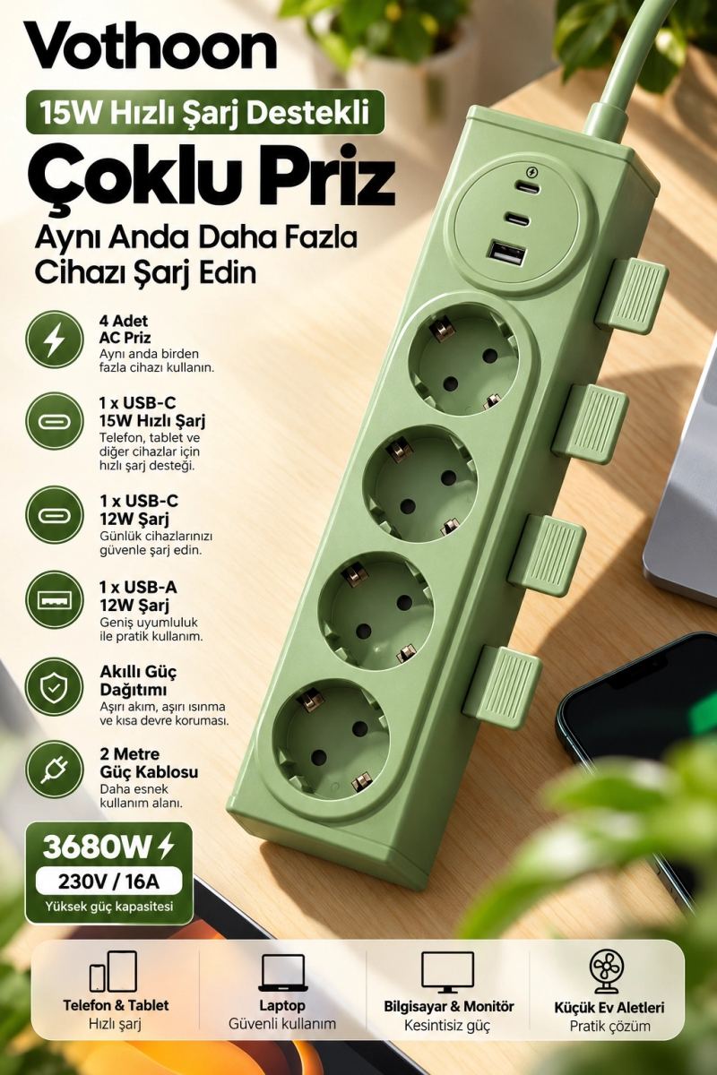 4’lü Akıllı Priz Tek Dokunuşla Fiş Çıkarma 2 Metre Kablo 2 Type-c + Usb 15w Hızlı Şarj 3680w