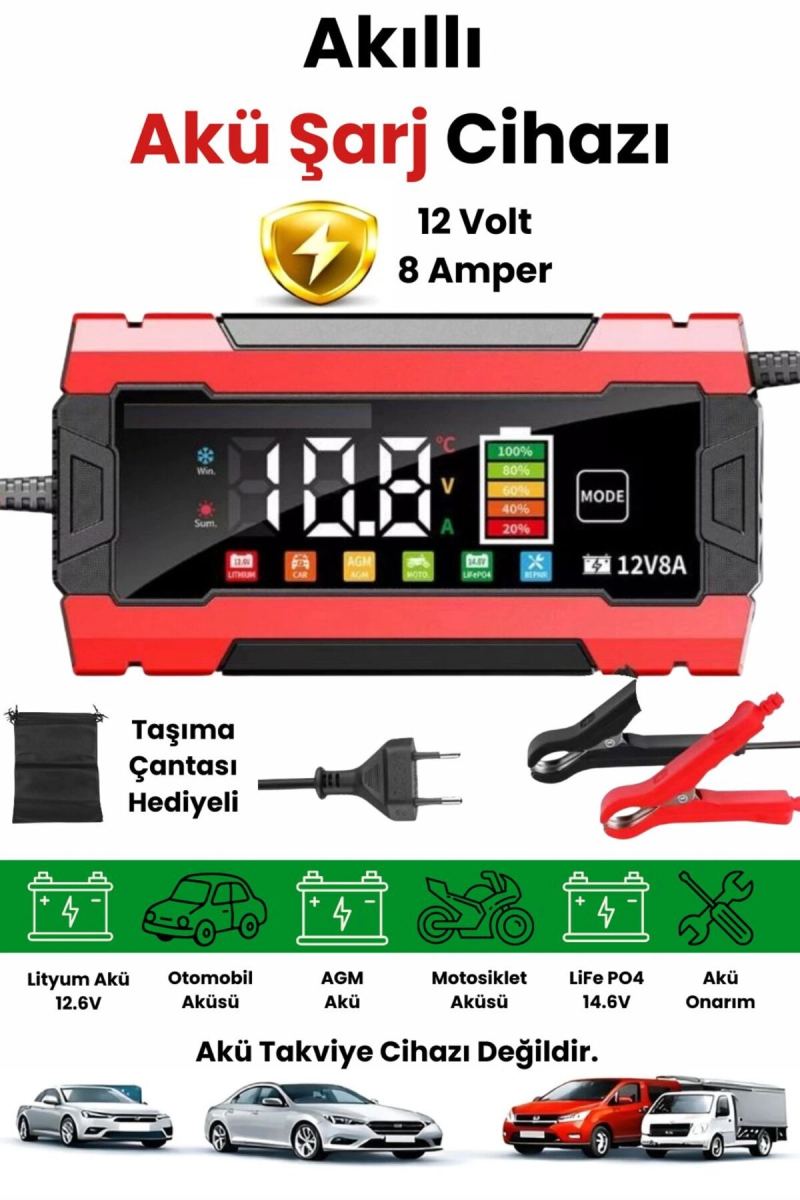 12v 8a Akıllı Akü Şarj Cihazı 12v 8a Lcd Ekranlı Pulse Repair Otomatik Akü Şarj & Desülfatör
