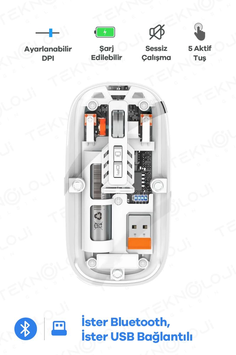 Bluetooth Usb Çift Modlu Sessiz Mouse, Şeffaf Mıknatıslı Kapaklı, Type-c Şarjlı, Dpı Ayarlı, Kablosuz 10m Çekim Mesafeli, Masaüstü Kısayol Tuşlu, Taşınabilir Şarjlı Mouse Beyaz
