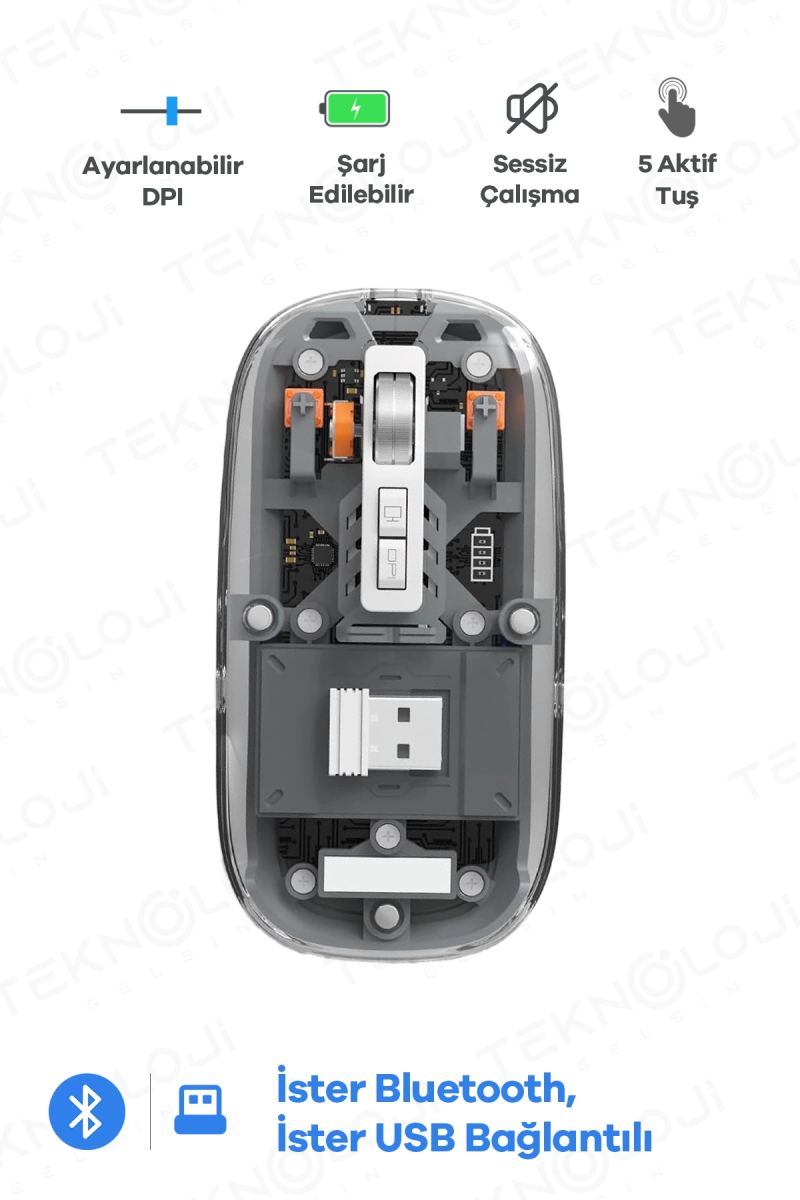 Bluetooth Usb Çift Modlu Sessiz Mouse, Şeffaf Mıknatıslı Kapaklı, Type-c Şarjlı, Dpı Ayarlı, Kablosuz 10m Çekim Mesafeli, Masaüstü Kısayol Tuşlu, Taşınabilir Şarjlı Mouse Siyah
