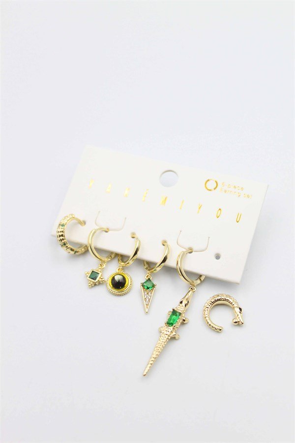 Renkli Taşlı Set Küpe - Altın - Altın