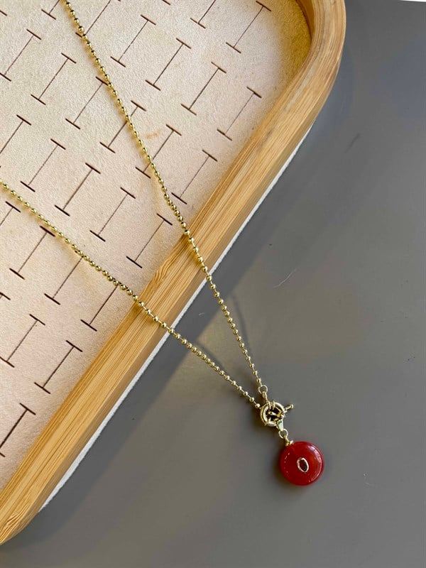 Dorika Zincirli Taşlı Kolye- 60 cm - Kırmızı - Kırmızı