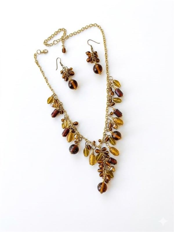 Taşlı Set Kolye - Kahverengi - Kahverengi