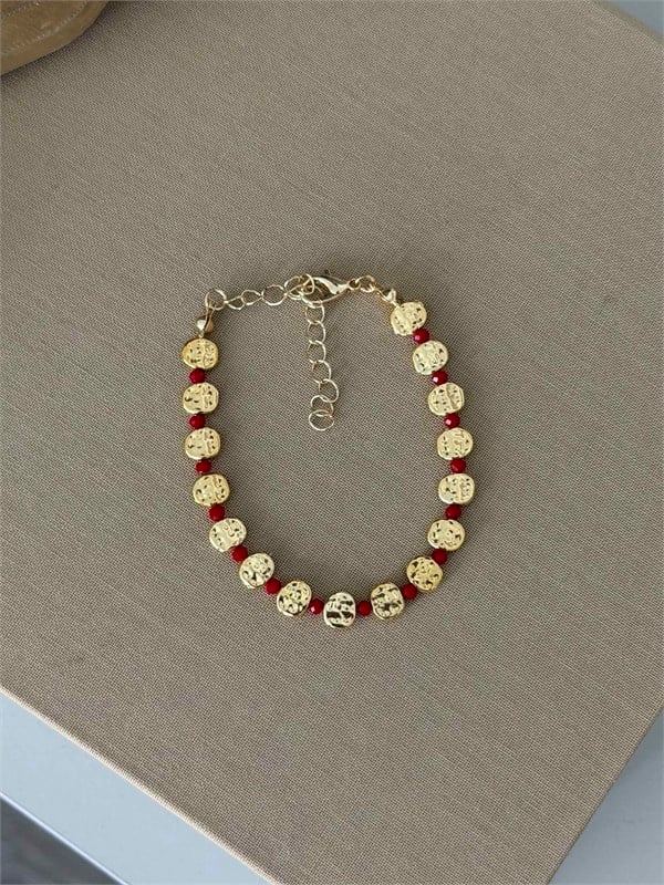 Pullu Boncuklu Bileklik - Kırmızı - Kırmızı