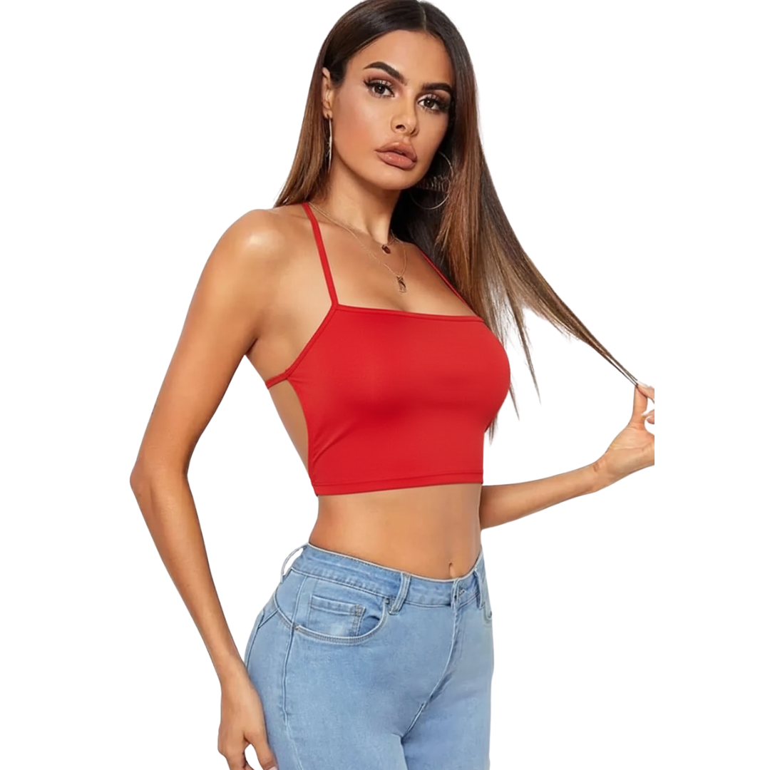 Kadın Sırtı Açık Kırmızı Belden Bağlamalı Crop Büstiyer - Kırmızı / L