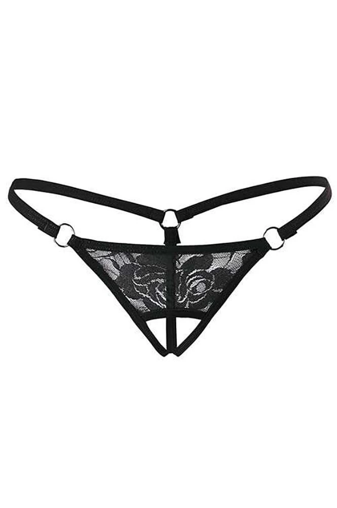 Siyah Dantelli Özel Bölgesi Açık G-String - Siyah-S