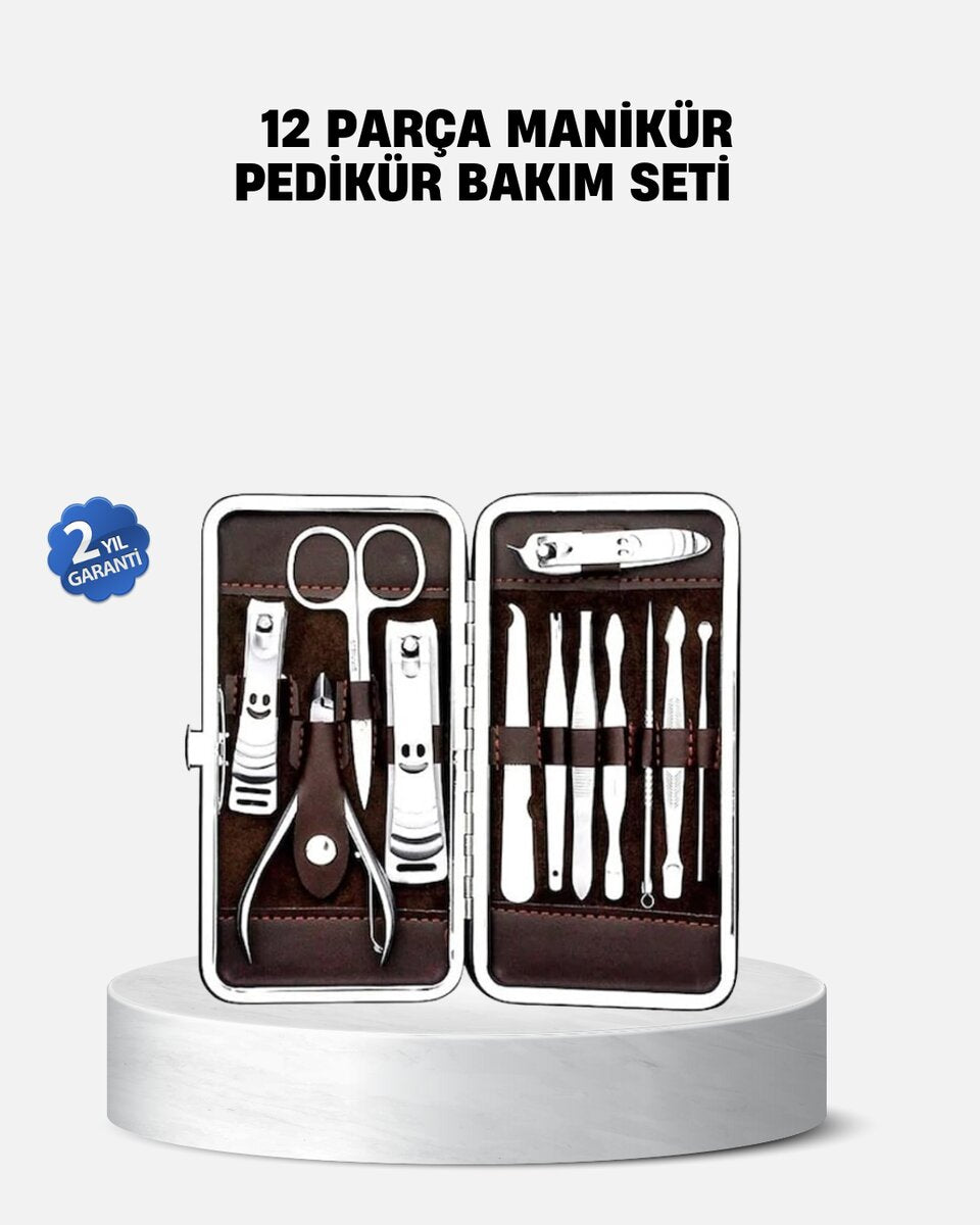 Özel Deri Çantalı 12 Parça Manikür Pedikür Bakım Seti Paslanmaz Çelik
