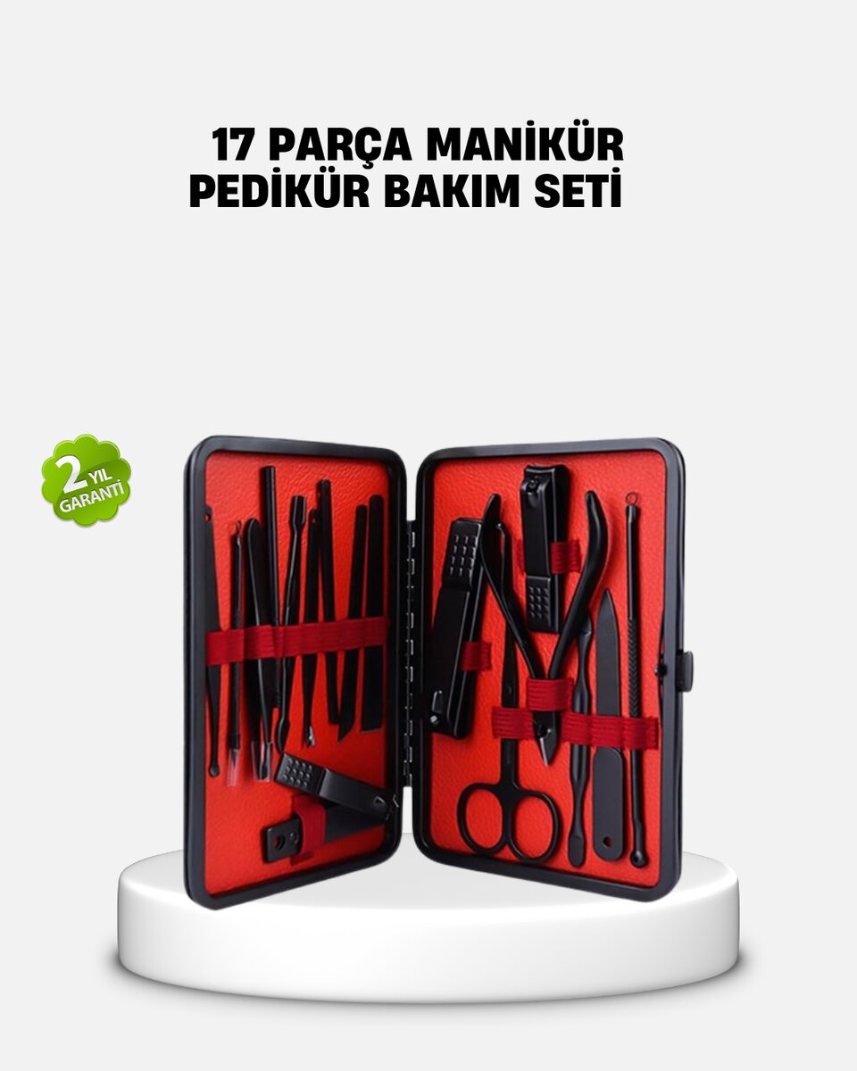 17 Parça Profesyonel Manikür Pedikür Seti Paslanmaz Çelik Siyah Kutu