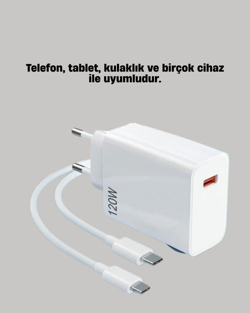 120W Güçlü Hızlı Şarj Adaptörü ve Type-C Kablo Seti – Güvenli Şarj Teknolojisi