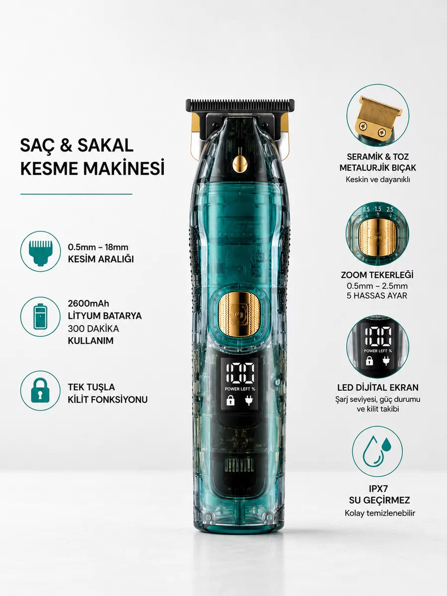 Saç ve Sakal Kesme Makinesi LED Ekranlı Profesyonel 5 Adet Uzunluk Ayarı