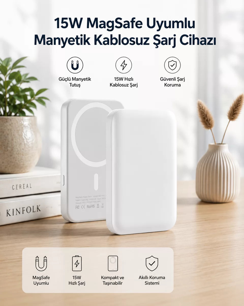 15W MagSafe Uyumlu Manyetik Kablosuz Powerbank 5000 mAh