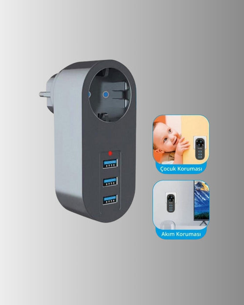 2500W Güç Destekli Akım Korumalı Priz – 3 USB Çıkışlı - görsel 2