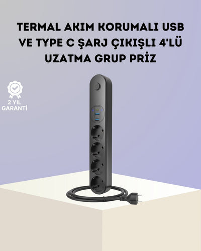Akım Korumalı Çoklu Priz 4’lü 2 USB 1 Type-C 2500W Güçlü Tasarım