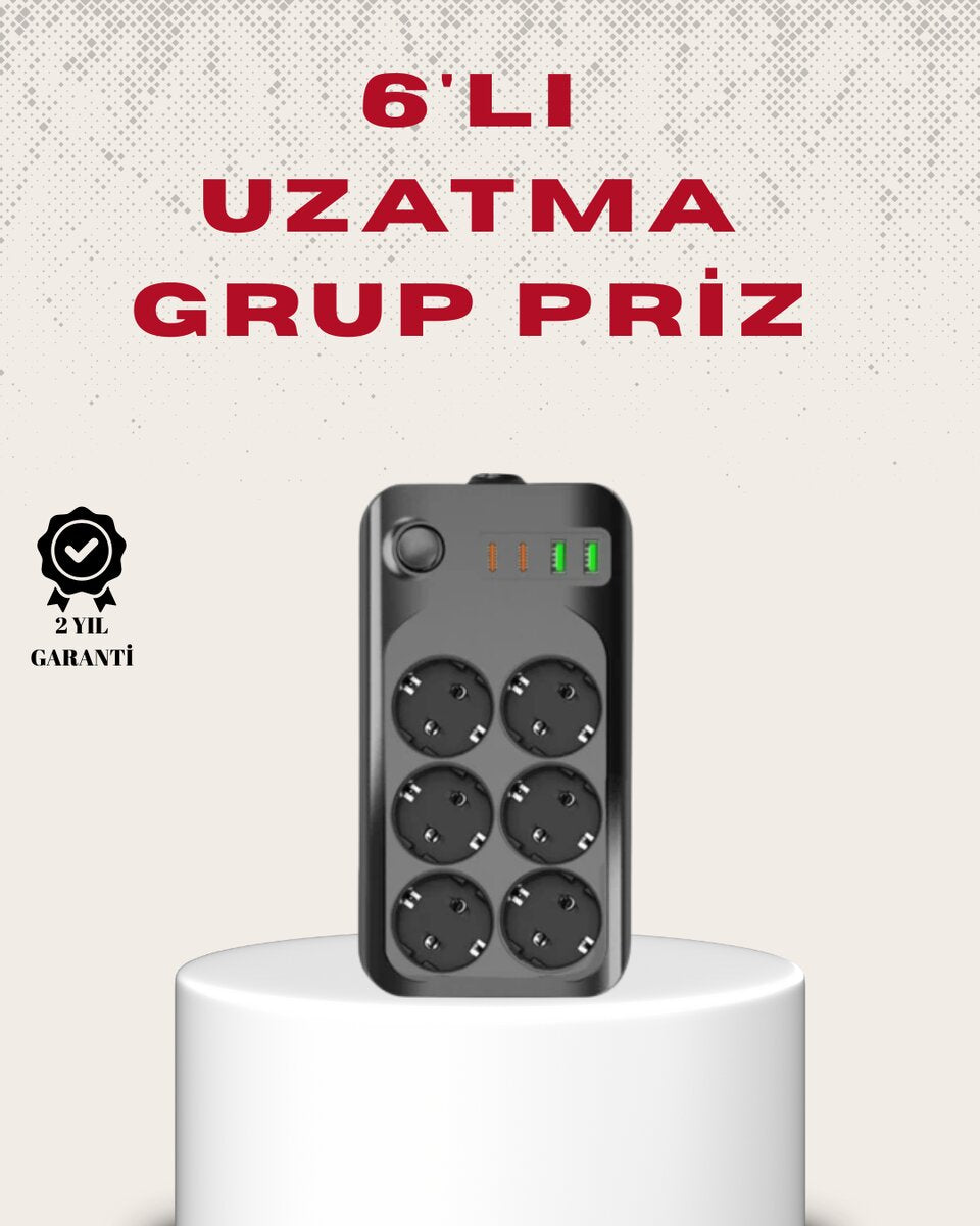 6’lı Grup Priz Termal Korumalı USB Type-C Çoklu Priz 2 Metre Kablo