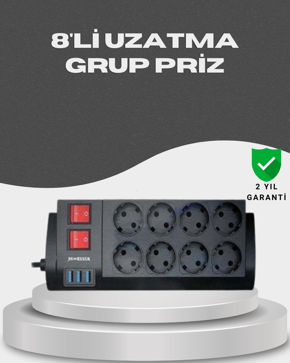 Akım Korumalı 8’li Priz 3 USB’li Uzatma Kablosu Isıya Dayanıklı 2 Metre