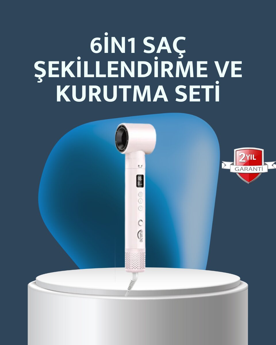 6-in-1 Saç Şekillendirme Seti Yüksek Hızlı Motor Negatif İyon LCD Ekran